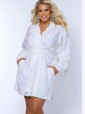 Colors Dress White Iridescent Sequin Robe Tie Waist Wedding Bride One Size